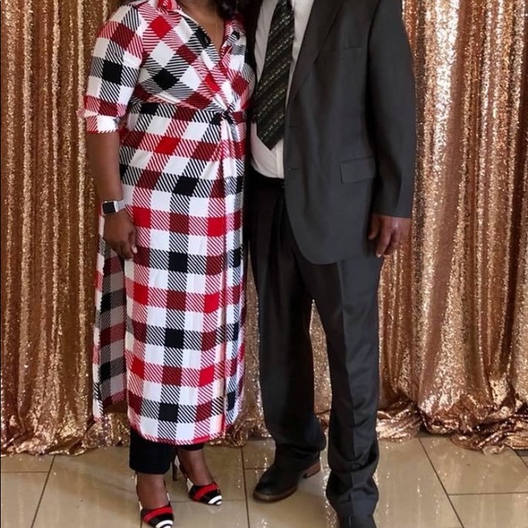 Red, Black, and White Plaid Shirt Dress - Picture 4 of 4